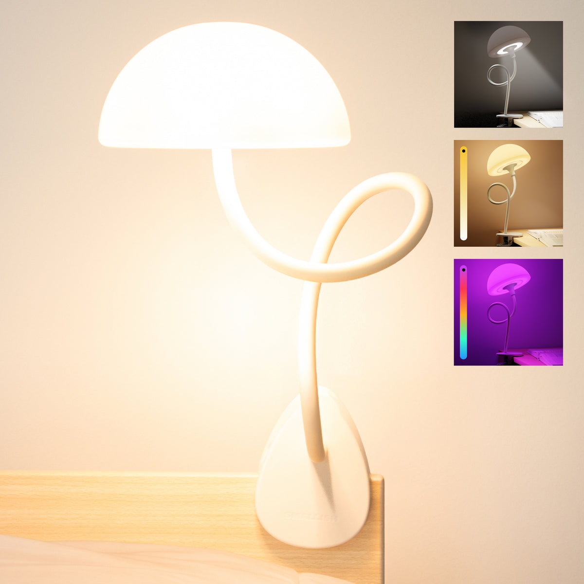 Shroommate - 3 in 1 Clip On Light and Bedside Table Lamp- White